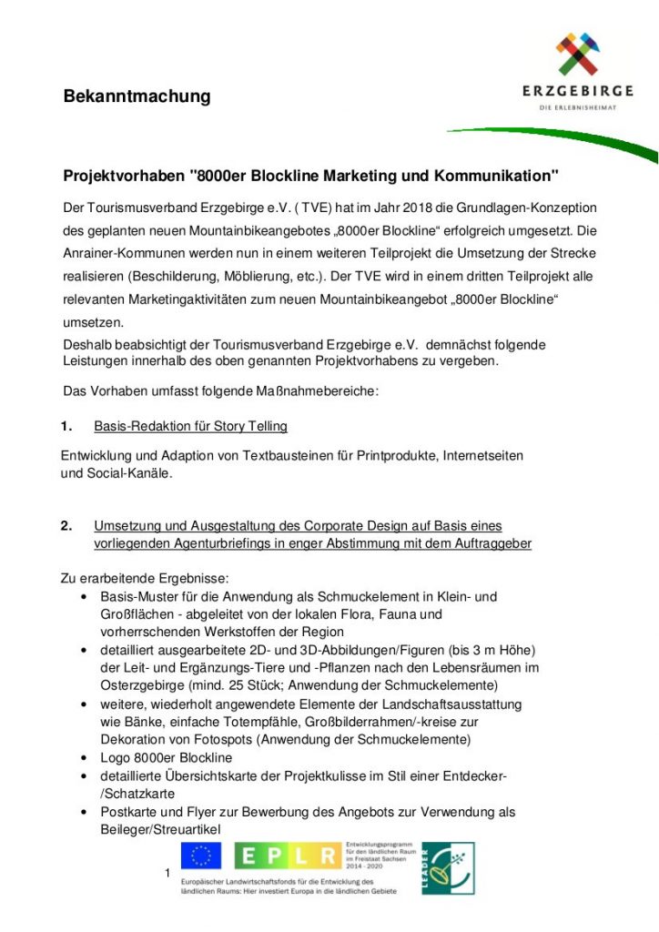 Bekanntmachung Projektvorhaben "8000er Blockline Marketing und Kommunikation" 1