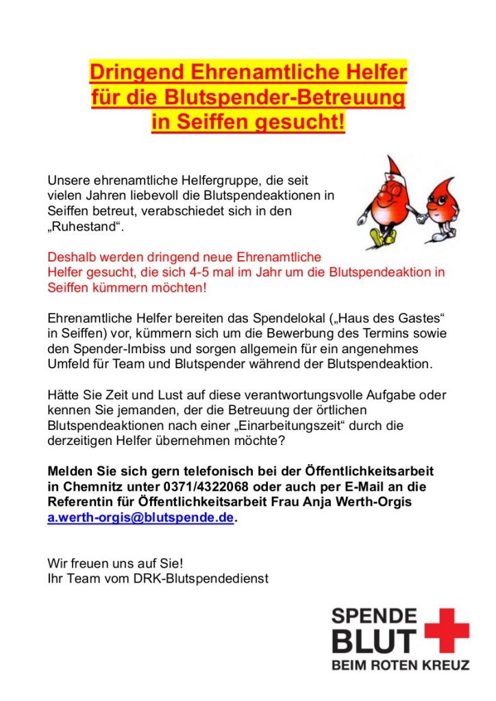 Ehrenamtliche Helfer für die Blutspender-Betreuung in Seiffen gesucht! 4