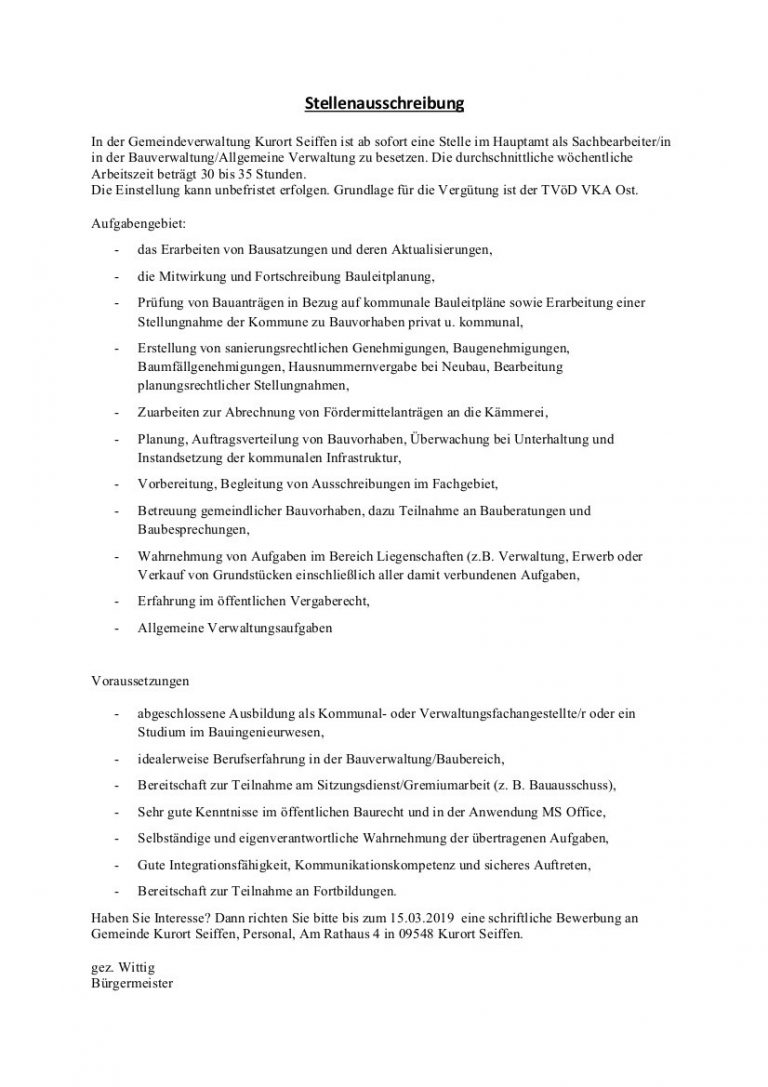 Stellenausschreibung Bauamt | Seiffen