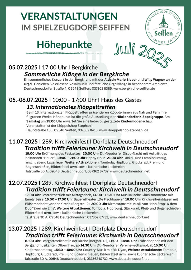 Veranstaltungen im Spielzeugdorf für Juli 1