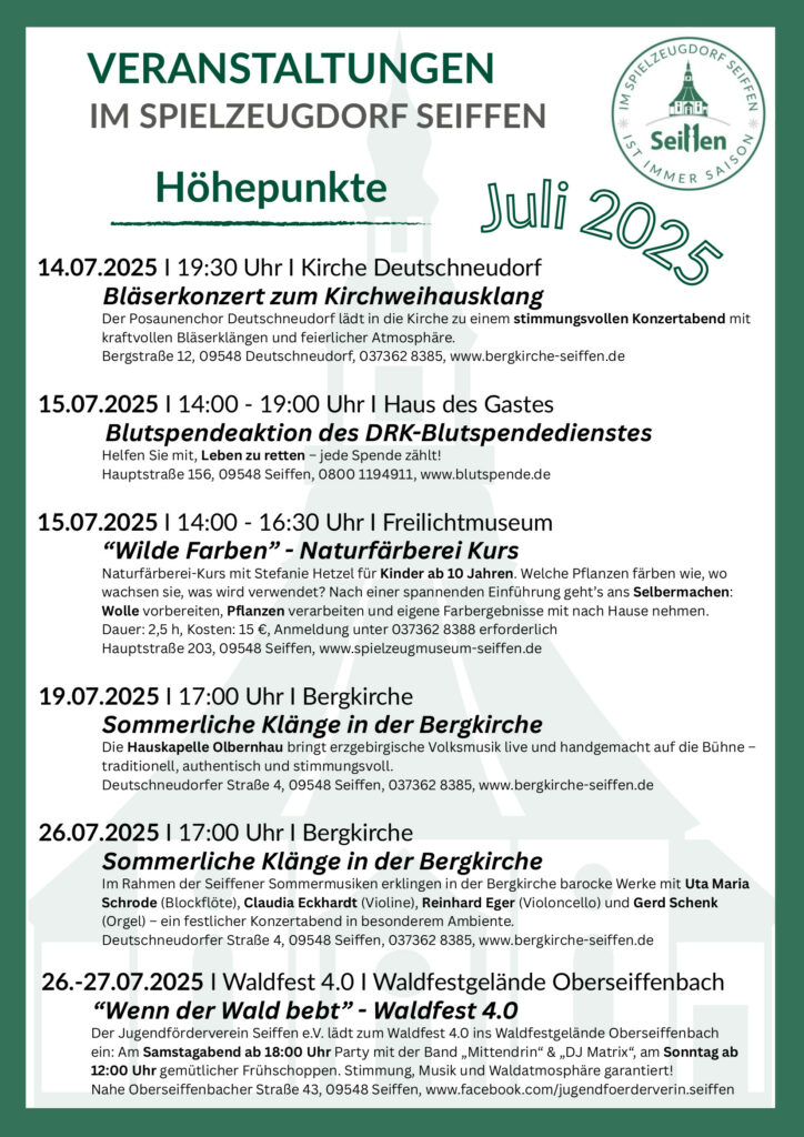 Veranstaltungen im Spielzeugdorf für Juli 2