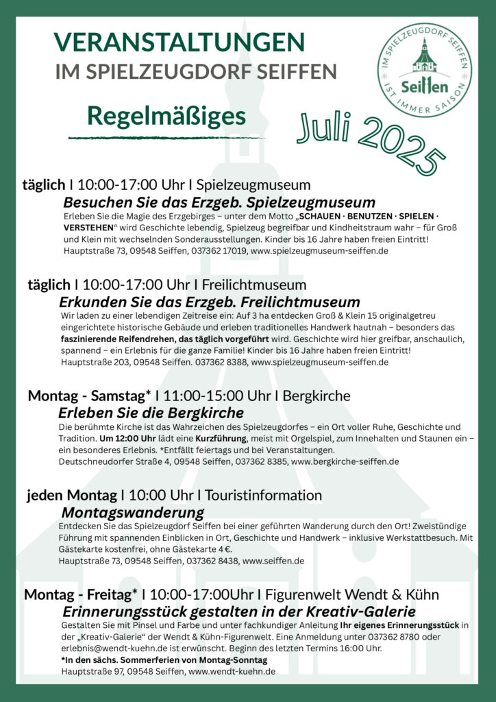 Veranstaltungen im Spielzeugdorf für Juli 3