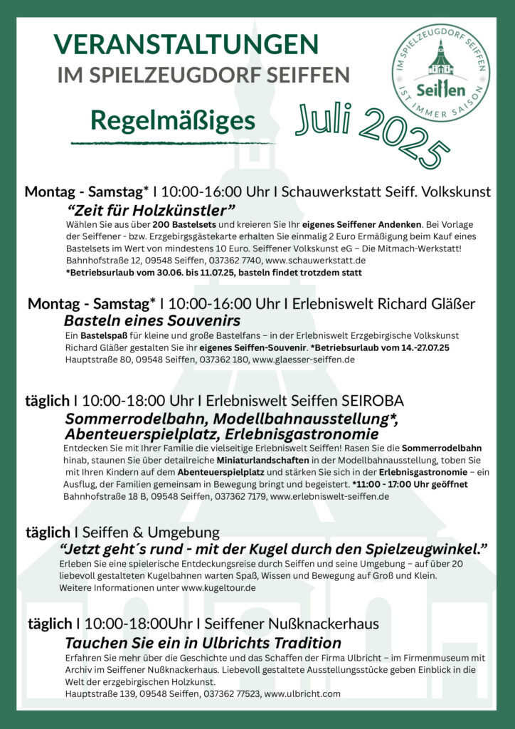 Veranstaltungen im Spielzeugdorf für Juli 4