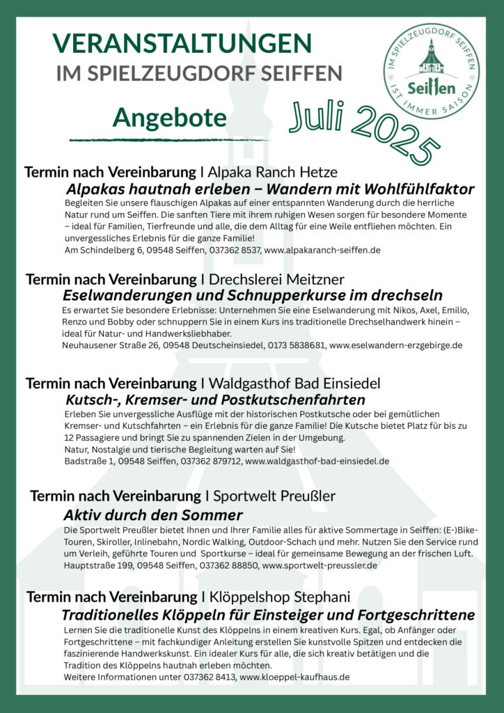 Veranstaltungen im Spielzeugdorf für Juli 5