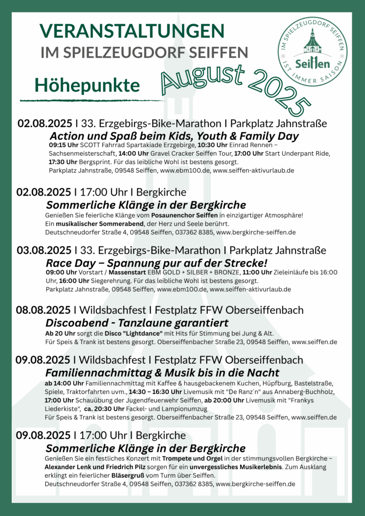 Veranstaltungen im Spielzeugdorf für August 1