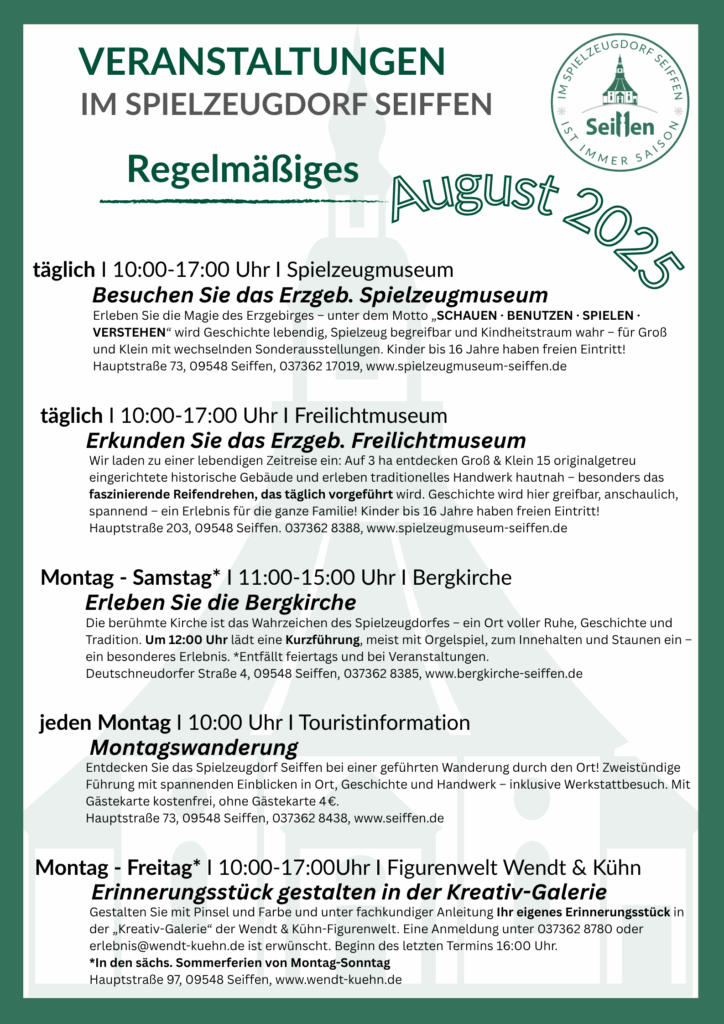 Veranstaltungen im Spielzeugdorf für August 4
