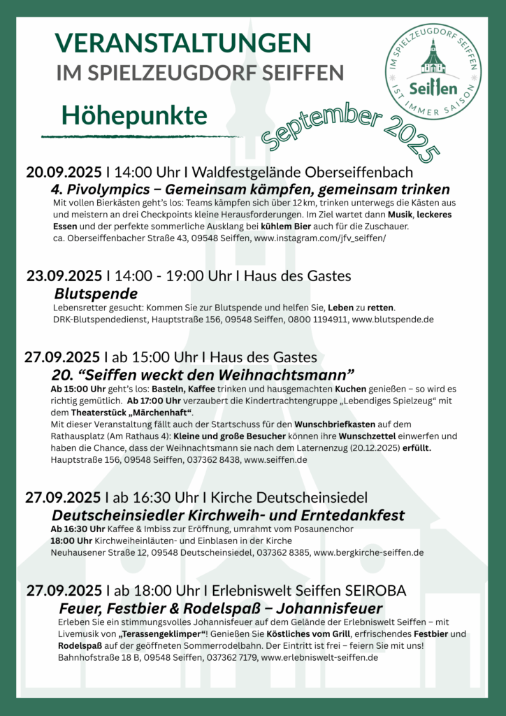 Veranstaltungen im Spielzeugdorf für September 3