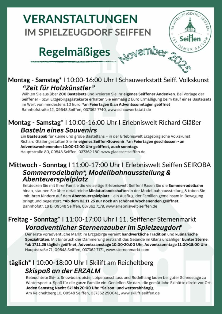 Veranstaltungen im Spielzeugdorf für November 7