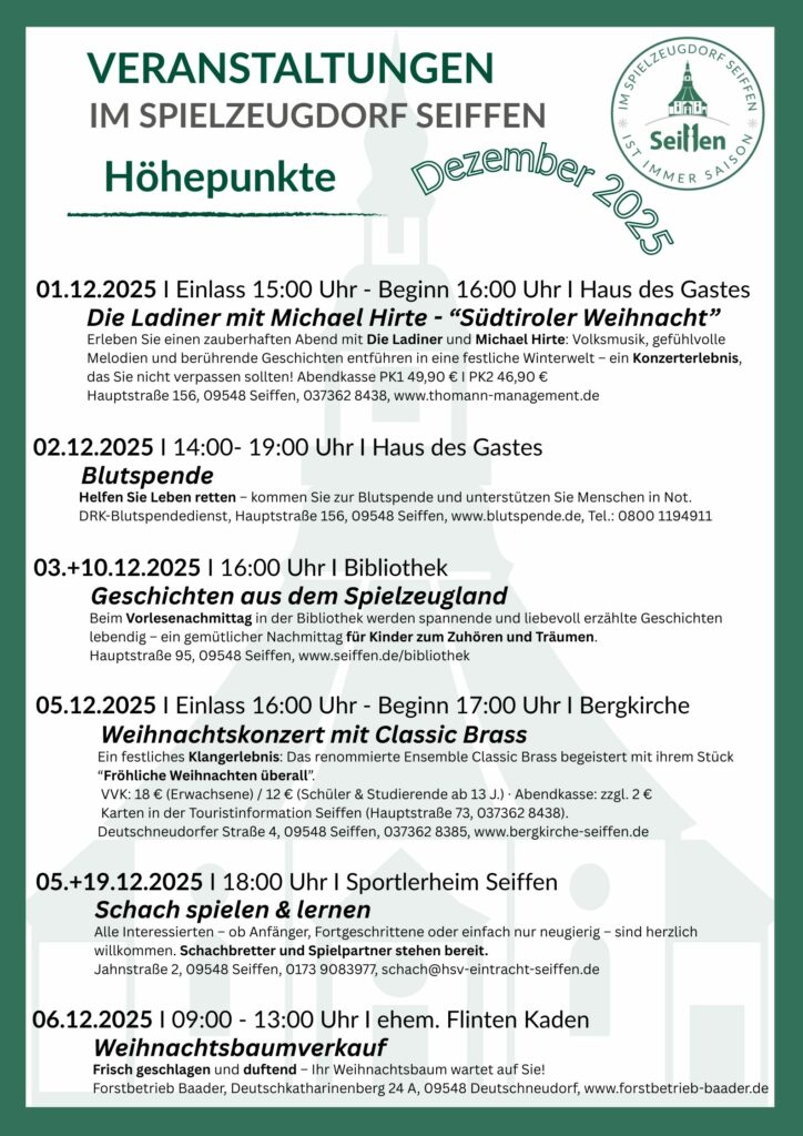 Veranstaltungen im Spielzeugdorf für Dezember 1 Veranstaltungen im Spielzeugdorf für Dezember 1