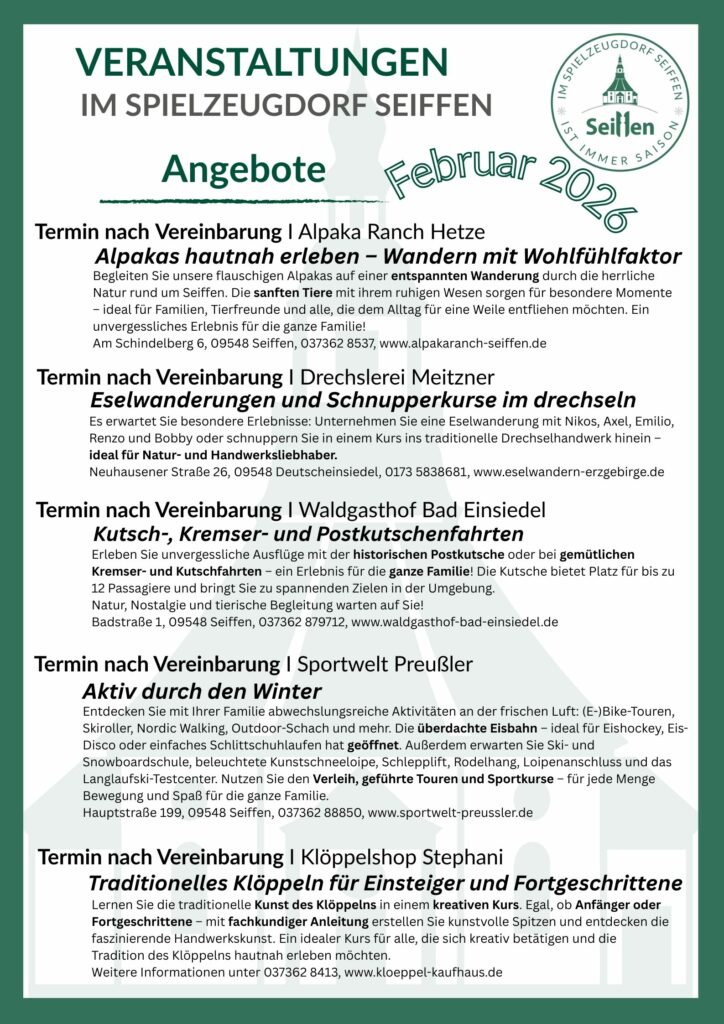 Veranstaltungen im Spielzeugdorf für Februar 7 Veranstaltungen im Spielzeugdorf für Februar 7