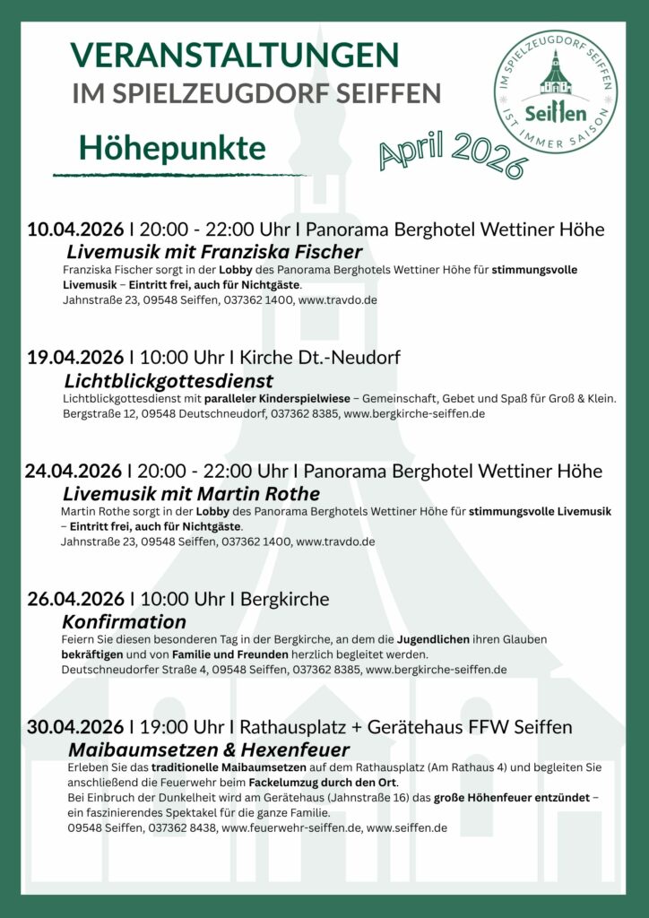 Veranstaltungen im Spielzeugdorf für April 3