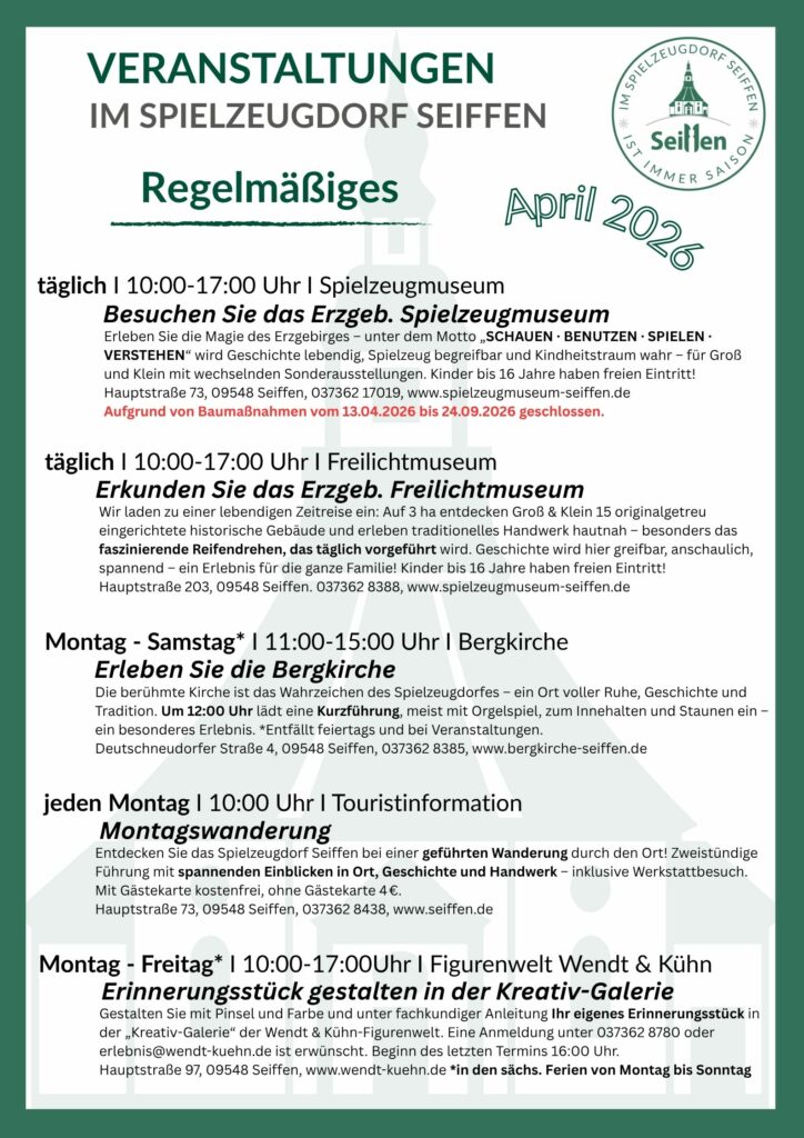 Veranstaltungen im Spielzeugdorf für April 4