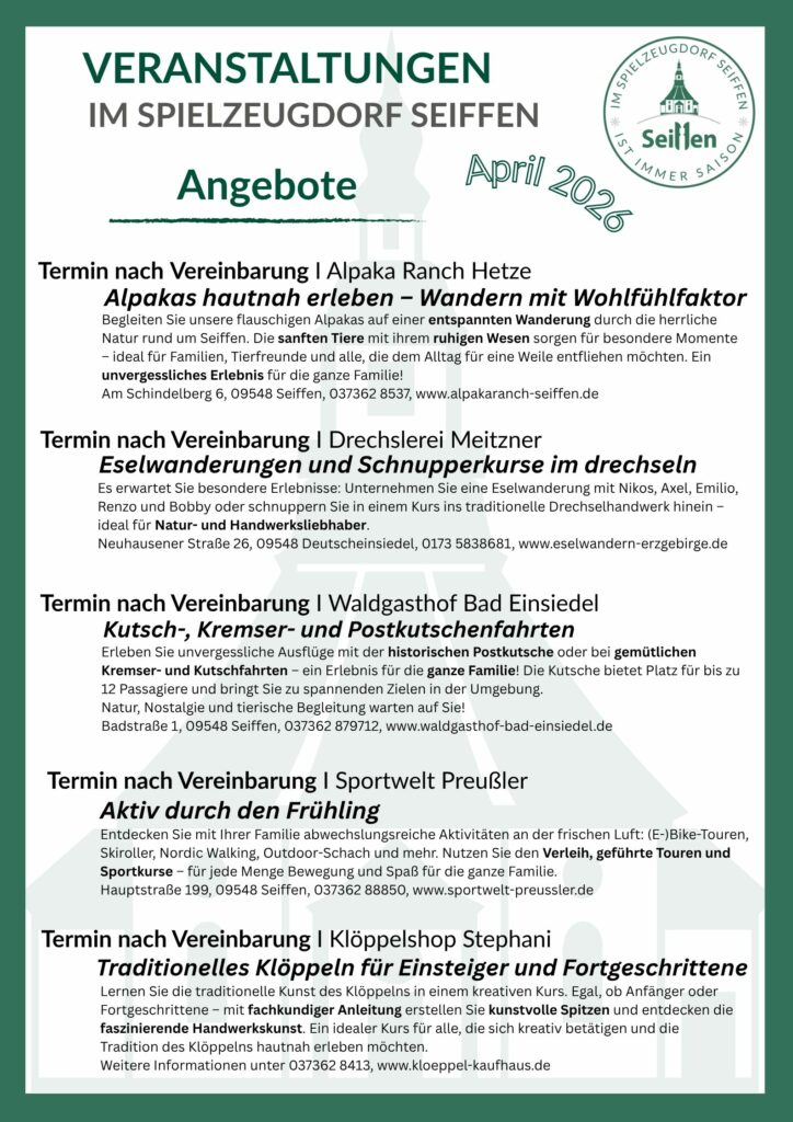 Veranstaltungen im Spielzeugdorf für April 6