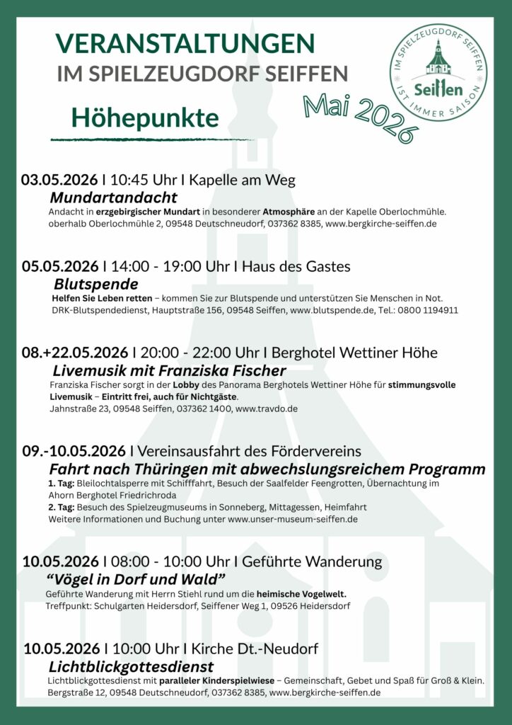 Veranstaltungen im Spielzeugdorf für Mai 2