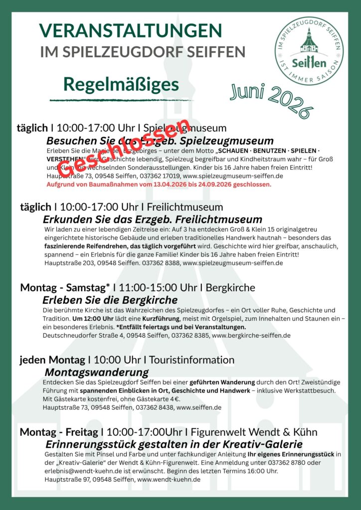 Veranstaltungen im Spielzeugdorf für Juni 4