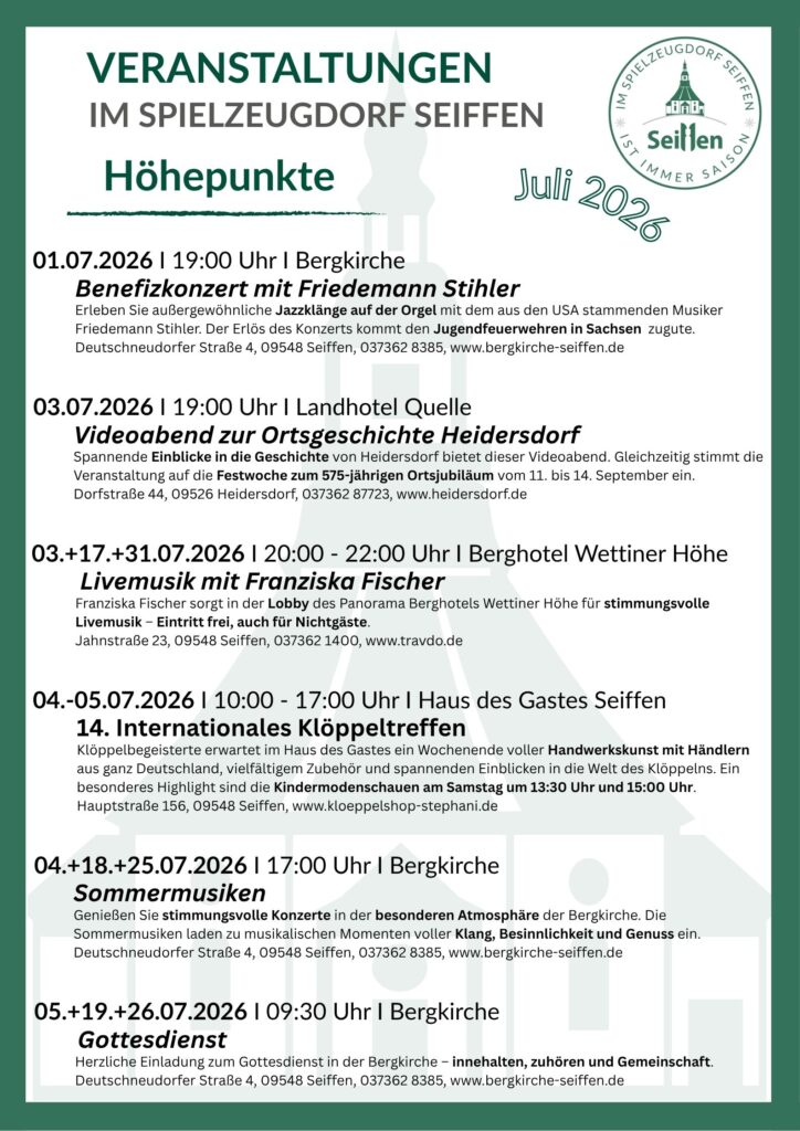 Veranstaltungen im Spielzeugdorf für Juli 1