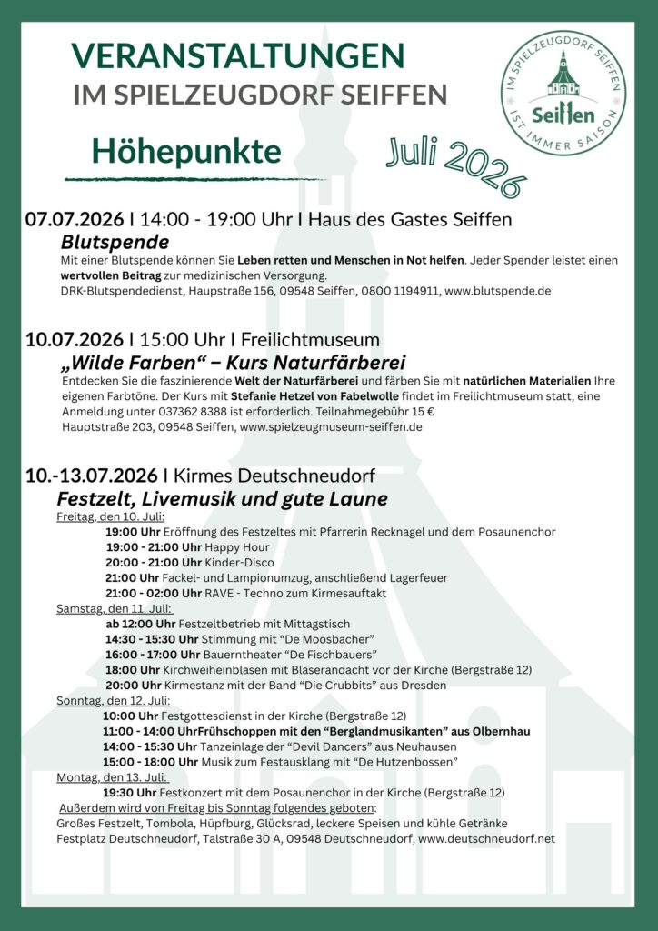 Veranstaltungen im Spielzeugdorf für Juli 2
