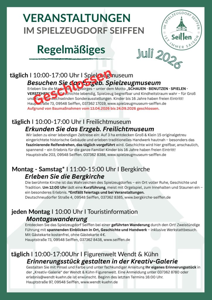 Veranstaltungen im Spielzeugdorf für Juli 4