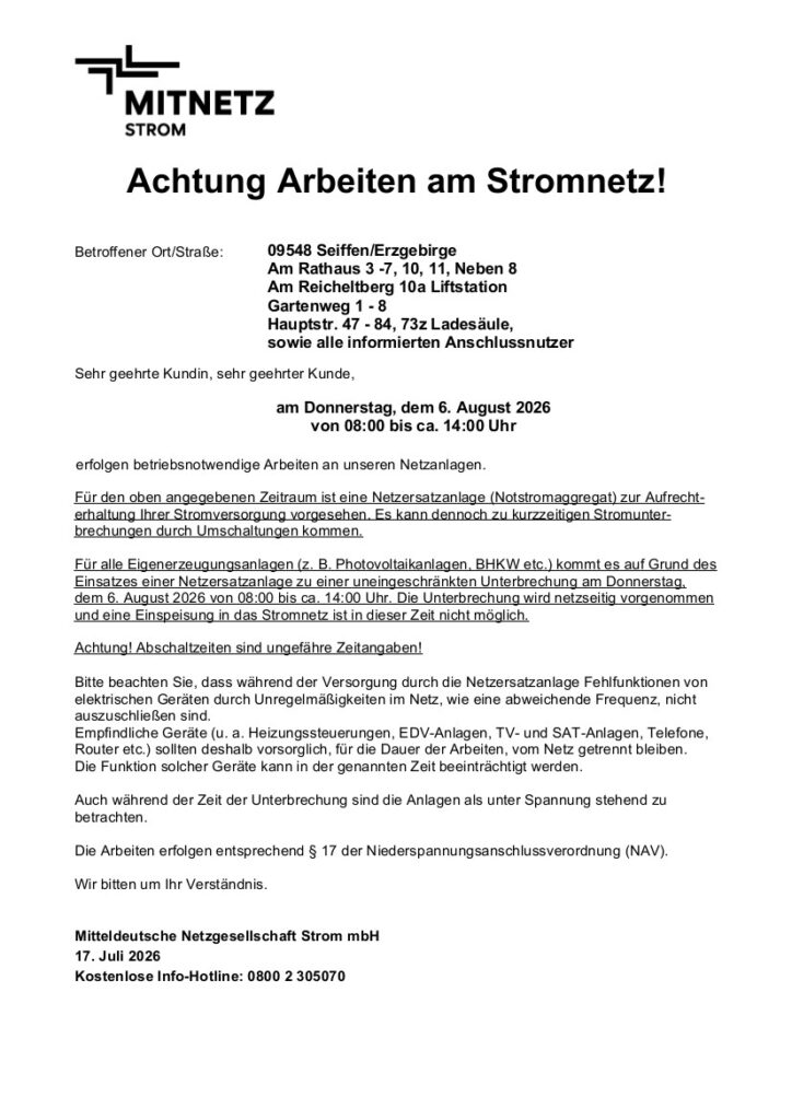 Stromabschaltung 05.+06.August 2026 2 Stromabschaltung 05.+06.August 2026 2
