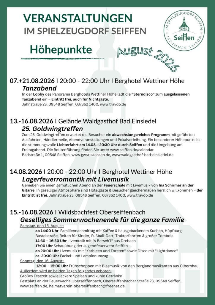 Veranstaltungen im Spielzeugdorf für August 2