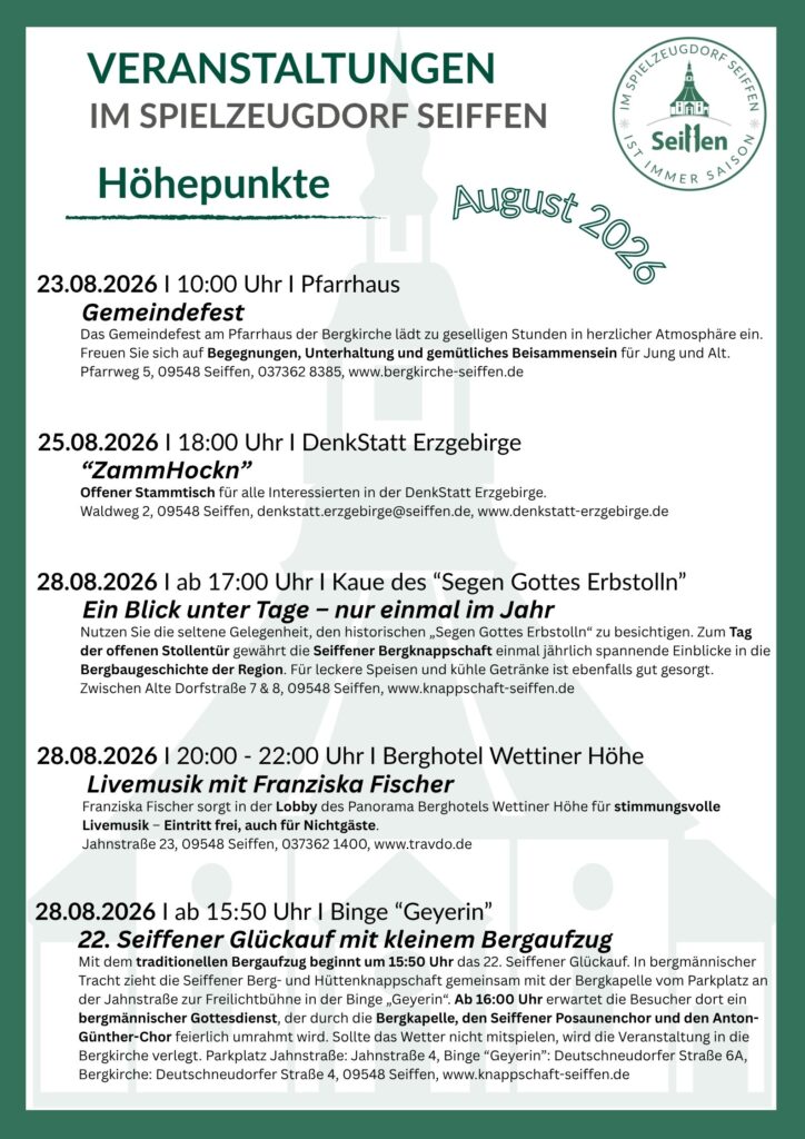 Veranstaltungen im Spielzeugdorf für August 3