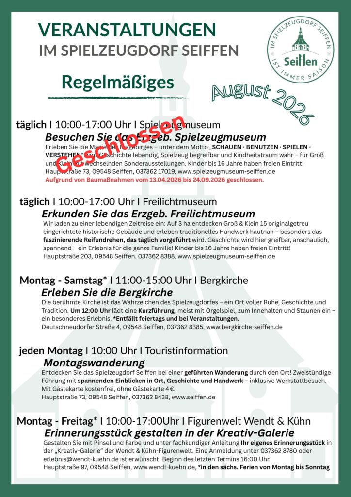 Veranstaltungen im Spielzeugdorf für August 4