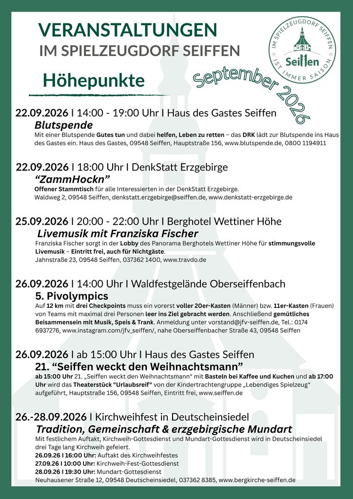 Veranstaltungen im Spielzeugdorf für September 4