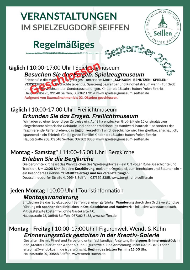 Veranstaltungen im Spielzeugdorf für September 5