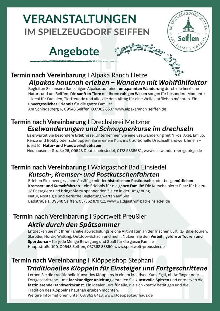 Veranstaltungen im Spielzeugdorf für September 7
