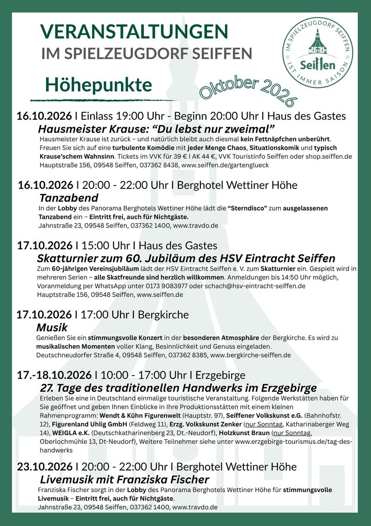 Veranstaltungen im Spielzeugdorf für Oktober 3