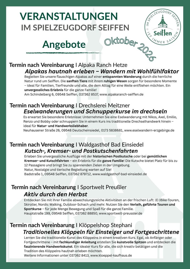 Veranstaltungen im Spielzeugdorf für Oktober 7