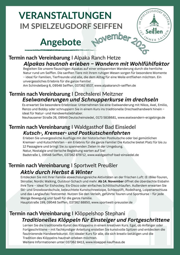 Veranstaltungen im Spielzeugdorf für November 11