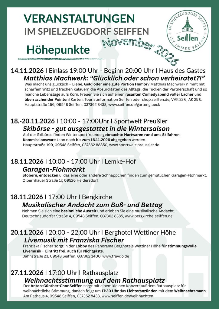 Veranstaltungen im Spielzeugdorf für November 3